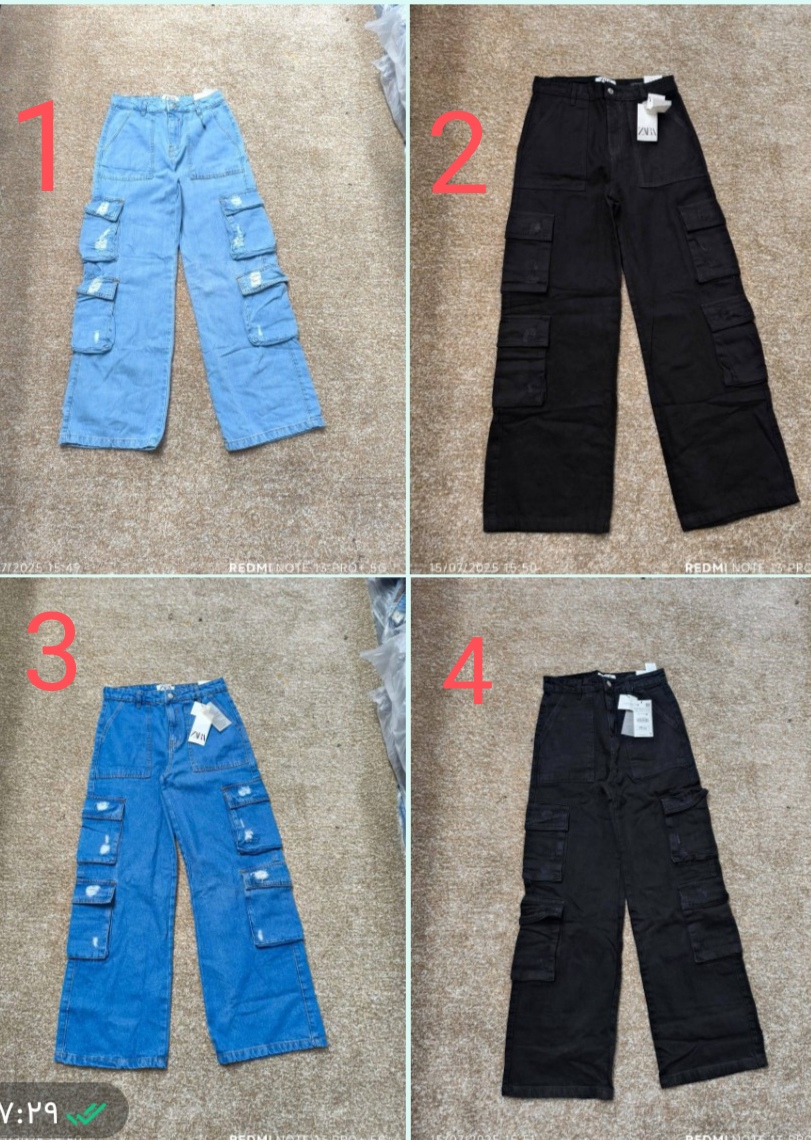 شلوار جین کارگو هشت جیب زنانه Zara اصل، Zara Cargo Jeans 8 Pockets، چهار رنگ آبی آسمانی آبی روشن آبی متوسط ذغالی مشکی، / سایز 36 تا 44 ایرانی/ و قد 108 تا 110